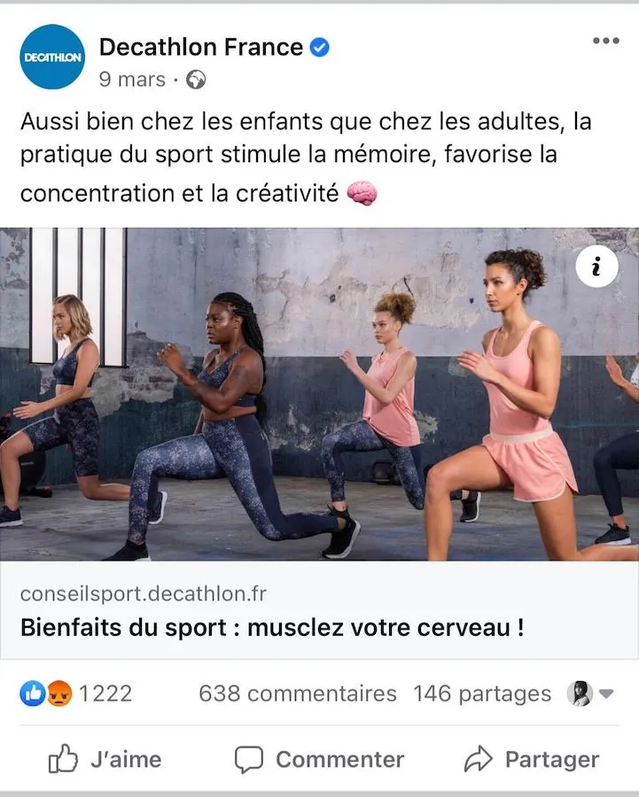 Image illustrant un post Facebook contenant une courte description puis un lien vers le site d'une enseigne de vente d'articles sportifs